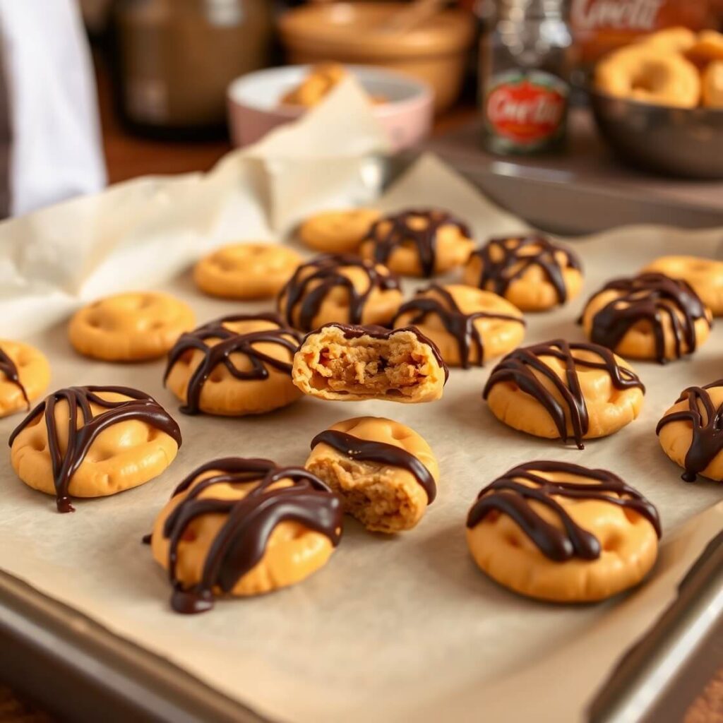 Close-up of Cheez-It peanut butter and chocolate bites, stacked on a plate with a rich chocolate drizzle and a crunchy, golden cracker base.