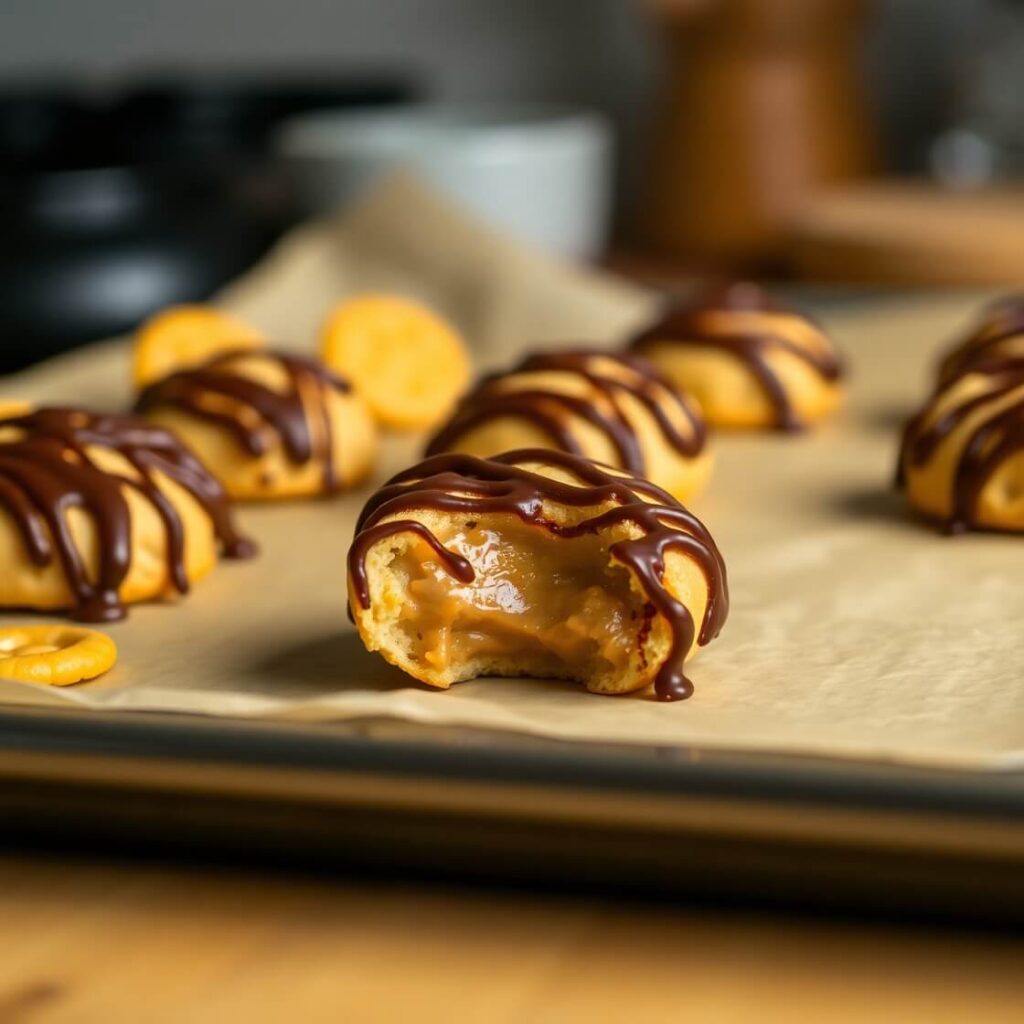 Close-up of Cheez-It peanut butter and chocolate bites, stacked on a plate with a rich chocolate drizzle and a crunchy, golden cracker base.