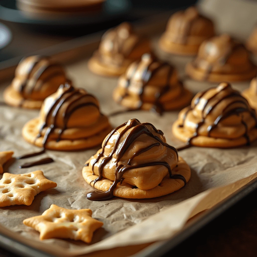 Close-up of Cheez-It peanut butter and chocolate bites, stacked on a plate with a rich chocolate drizzle and a crunchy, golden cracker base.