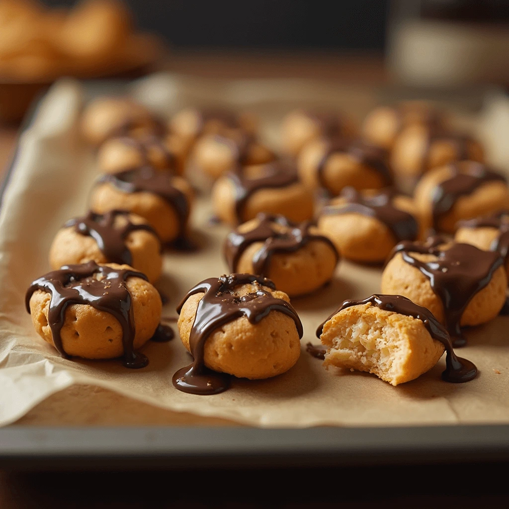 Close-up of Cheez-It peanut butter and chocolate bites, stacked on a plate with a rich chocolate drizzle and a crunchy, golden cracker base.