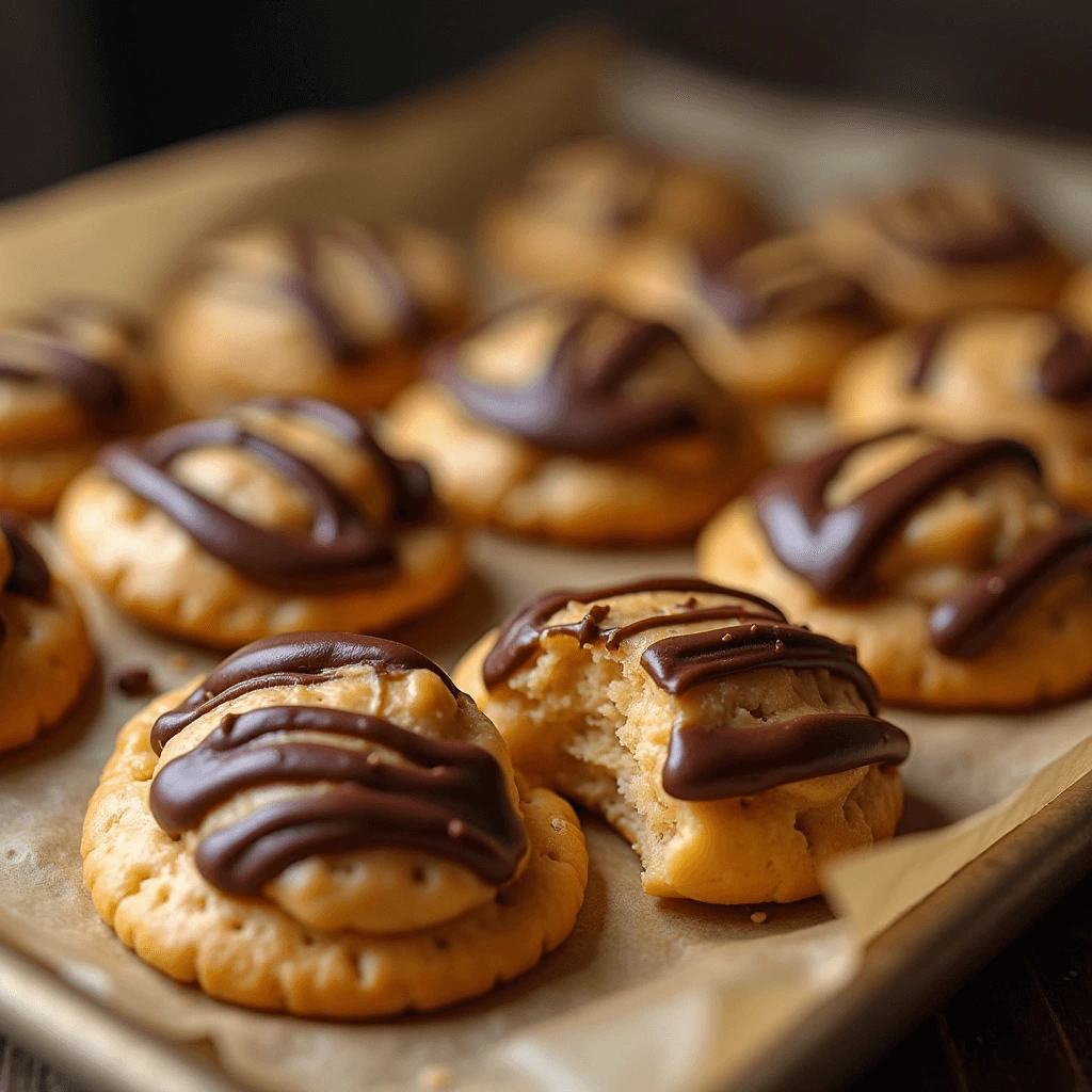 Close-up of Cheez-It peanut butter and chocolate bites, stacked on a plate with a rich chocolate drizzle and a crunchy, golden cracker base.