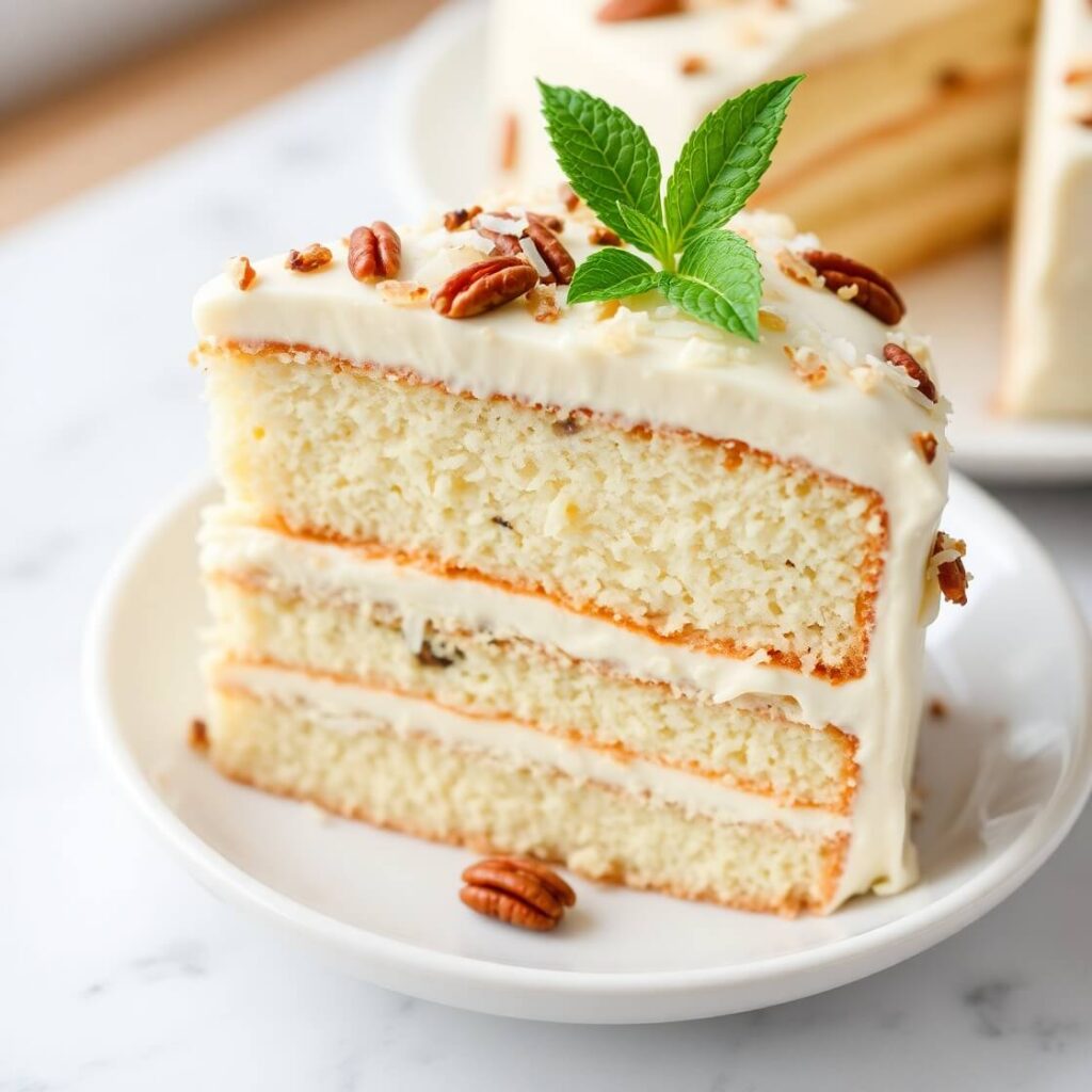 Italian cream cake with cream cheese frosting, toasted pecans, and coconut flakes on top