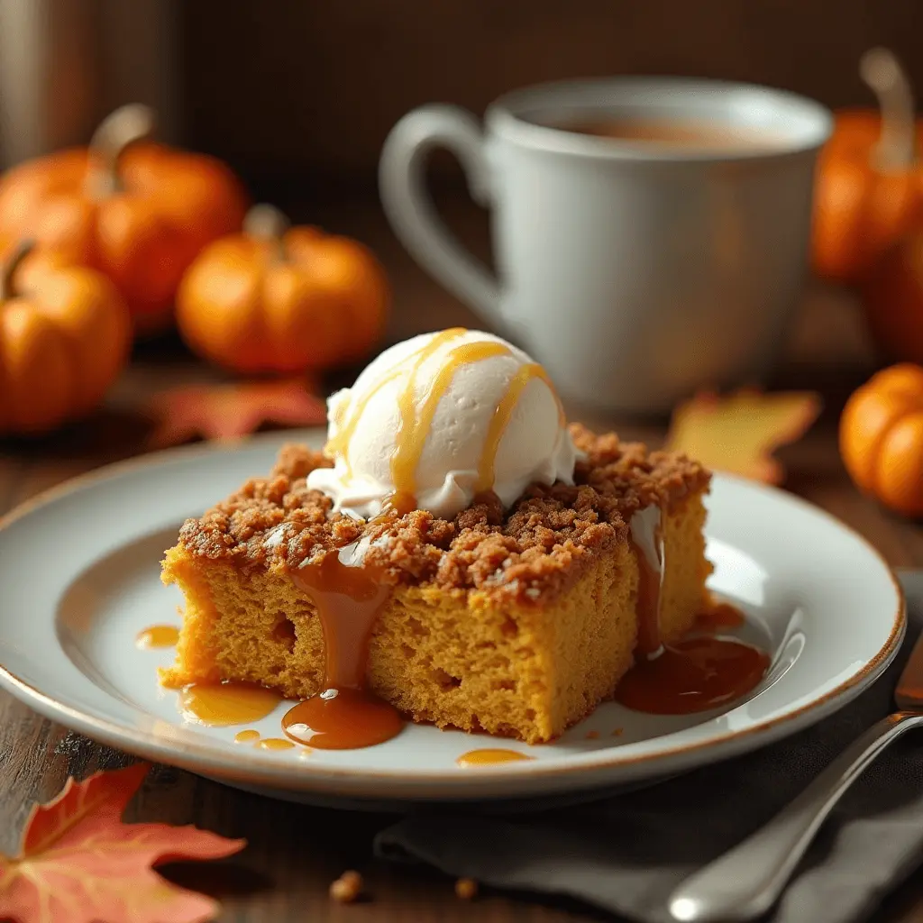 Pumpkin dump cake with caramel drizzle and vanilla ice cream, served in a cozy kitchen with autumn decorations