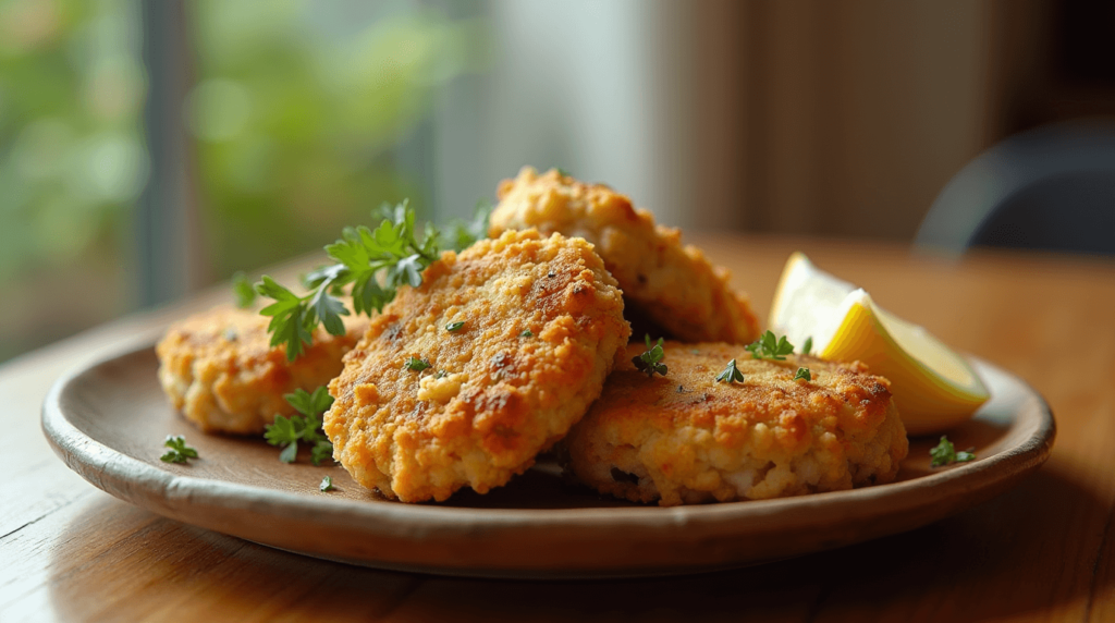 Golden-brown gluten-free crab cakes on a white plate, garnished with fresh parsley and a wedge of lemon.