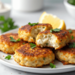 Golden-brown gluten-free crab cakes on a white plate, garnished with fresh parsley and a wedge of lemon.