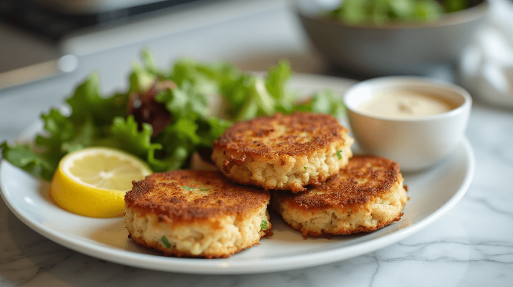 Golden-brown gluten-free crab cakes on a white plate, garnished with fresh parsley and a wedge of lemon.