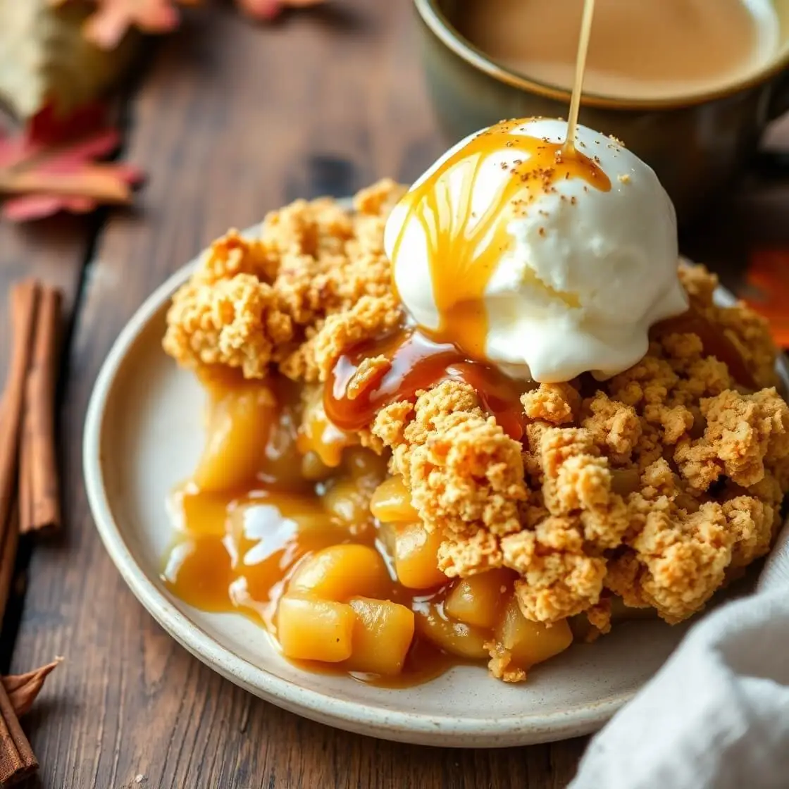 Golden gluten-free apple crumble with a crispy oat topping, served warm with a scoop of vanilla ice cream and a drizzle of caramel sauce.