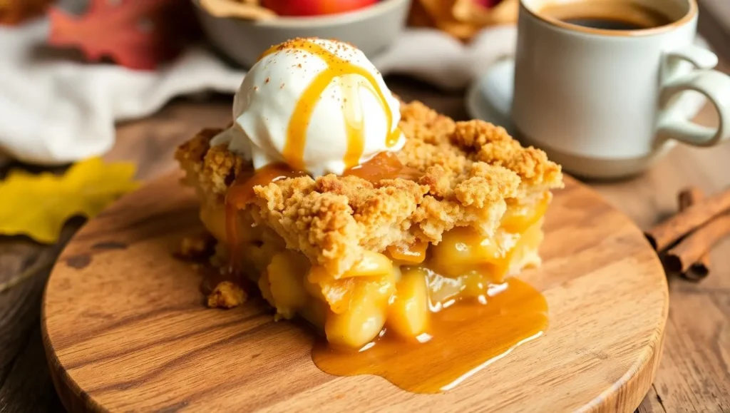 Golden gluten-free apple crumble with a crispy oat topping, served warm with a scoop of vanilla ice cream and a drizzle of caramel sauce.