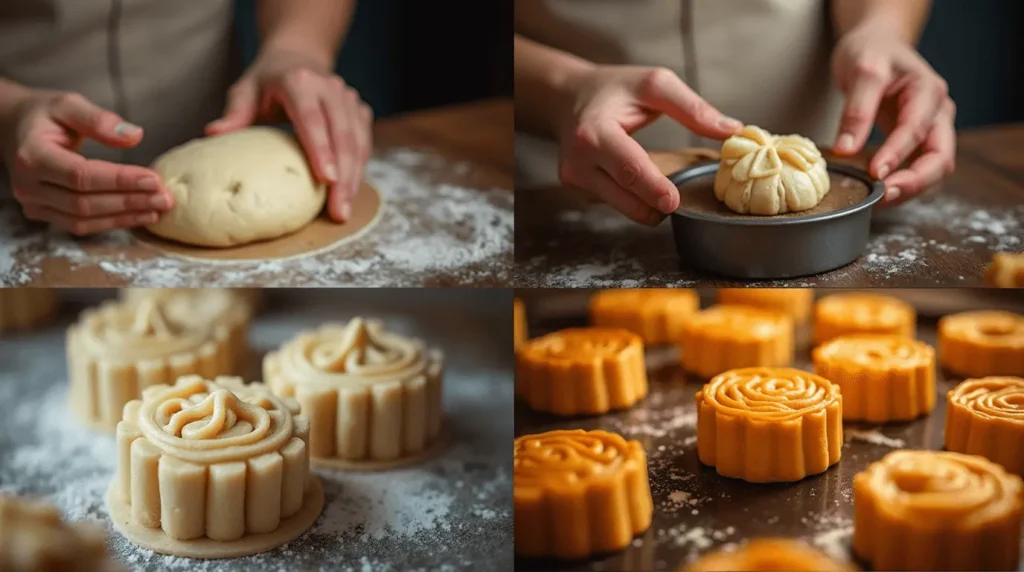 Golden-brown mooncake and milk bread fusion pastries on a rustic wooden platter, garnished with sesame seeds, surrounded by autumn leaves and tea cups, evoking a cozy Mid-Autumn Festival atmosphere.