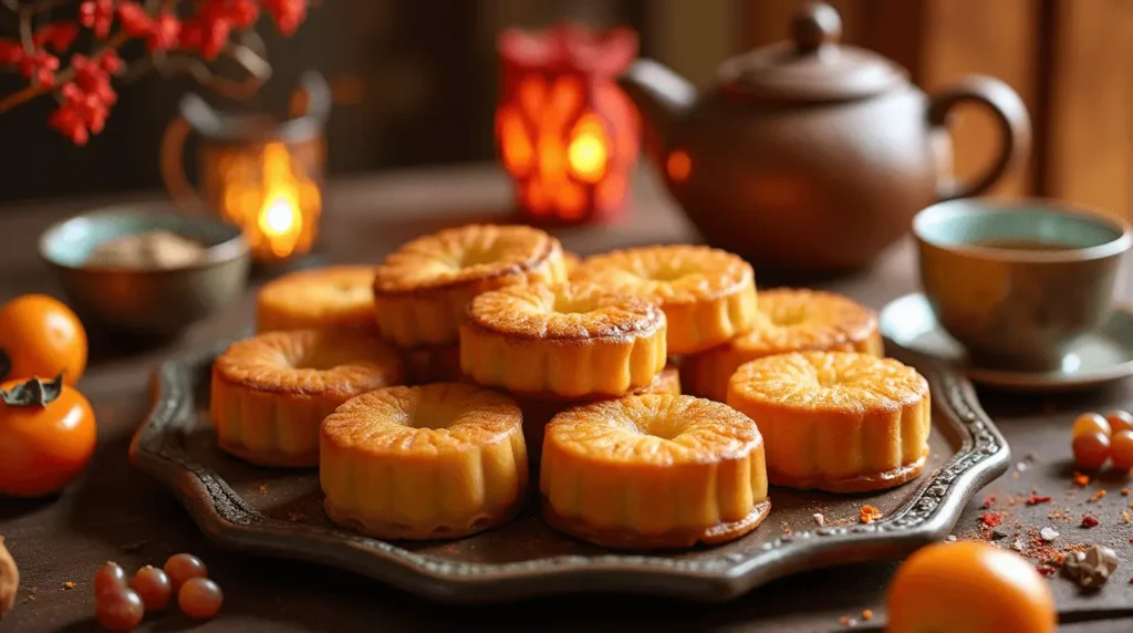 Golden-brown mooncake and milk bread fusion pastries on a rustic wooden platter, garnished with sesame seeds, surrounded by autumn leaves and tea cups, evoking a cozy Mid-Autumn Festival atmosphere.