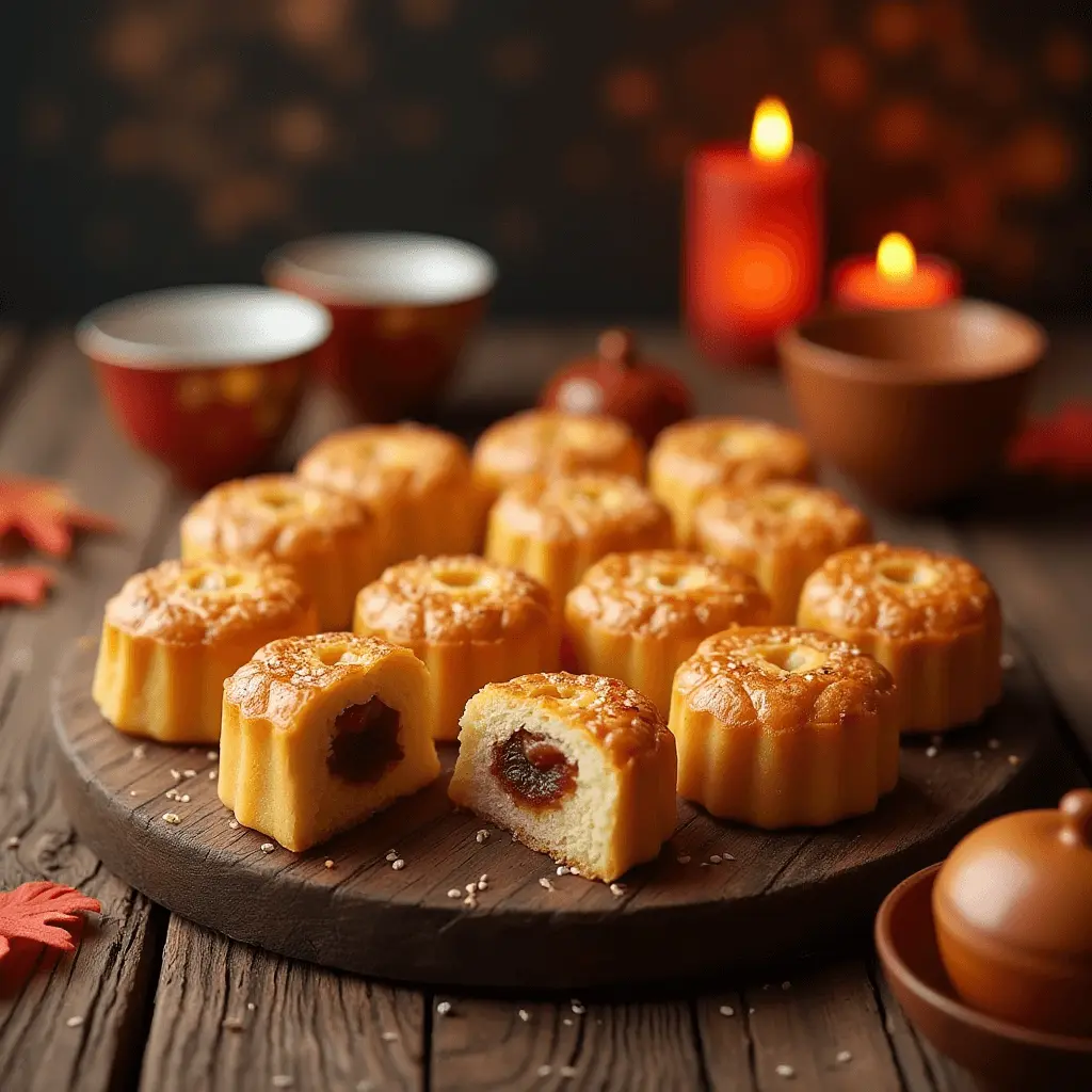 Golden-brown mooncake and milk bread fusion pastries on a rustic wooden platter, garnished with sesame seeds, surrounded by autumn leaves and tea cups, evoking a cozy Mid-Autumn Festival atmosphere.