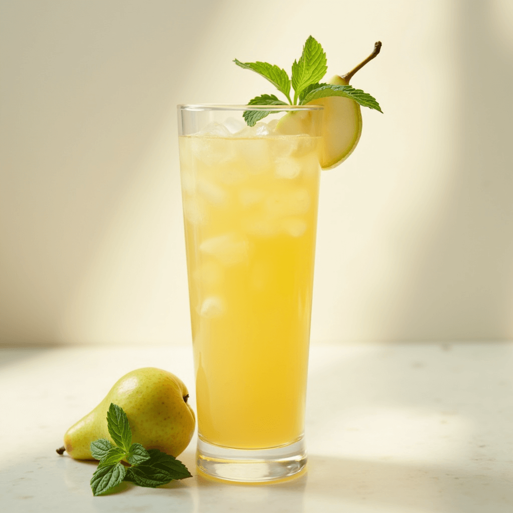 Glass of refreshing homemade pear juice with ice cubes, garnished with a slice of pear and mint leaves