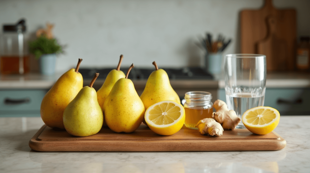 Glass of refreshing homemade pear juice with ice cubes, garnished with a slice of pear and mint leaves