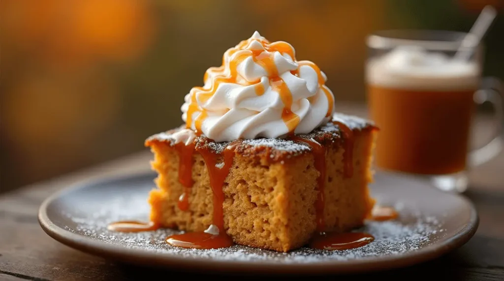 Pumpkin dump cake with caramel drizzle and vanilla ice cream, served in a cozy kitchen with autumn decorations