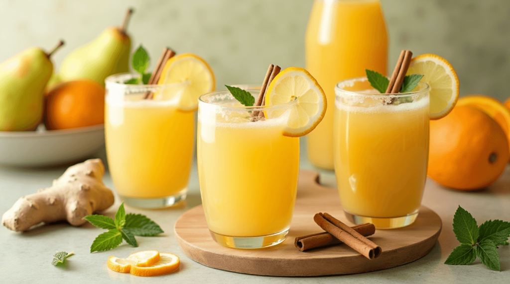 Glass of refreshing homemade pear juice with ice cubes, garnished with a slice of pear and mint leaves