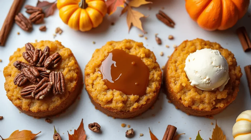 Pumpkin dump cake with caramel drizzle and vanilla ice cream, served in a cozy kitchen with autumn decorations